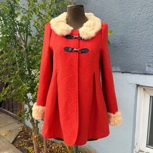 Stunning Vintage 70s Orange Swing Coat with Fur Trim